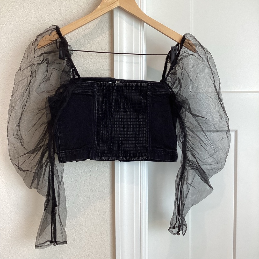 Anthropologie Puff-Sleeve Off-The-Shoulder Moto Blouse by Pilcro Small Black NWT - Picture 10 of 13